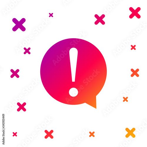 Color Exclamation mark in circle icon isolated on white background. Hazard warning symbol. FAQ sign. Copy files, chat speech bubble and chart web. Gradient random dynamic shapes. Vector Illustration