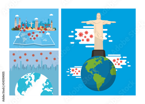 covid19 pandemic particles with earth planet and corcovade christ