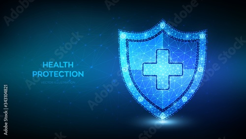 Medical health protection shield with cross. Healthcare medicine protected abstract guard shield concept. Health, medical and life insurance service. Low polygonal vector illustration.