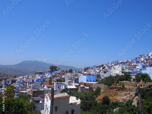 A view of the whole of the old city from inside the restaurant, Medina, Chaouen (Chefchaouen), Morocc