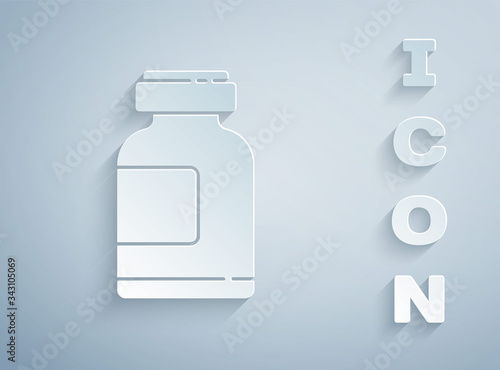 Paper cut Sports nutrition bodybuilding proteine power drink and food icon isolated on grey background. Paper art style. Vector Illustration