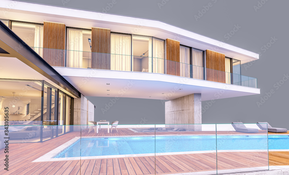 Fototapeta premium 3d rendering of modern cozy house on the hill with garage and pool for sale or rent in evening with cozy light from window. Isolated on gray