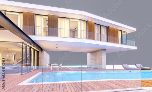 3d rendering of modern cozy house on the hill with garage and pool for sale or rent in evening with cozy light from window. Isolated on gray © korisbo