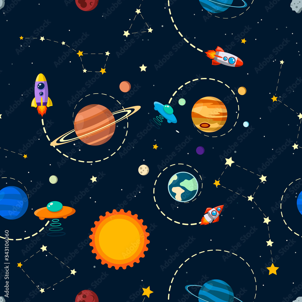 solar system vector kids cartoon planet seamless pattern. Rocket, UFO, planets Illustration, great for wallpaper, textile and texture design. Kids design, fabric, wrapping, apparel.