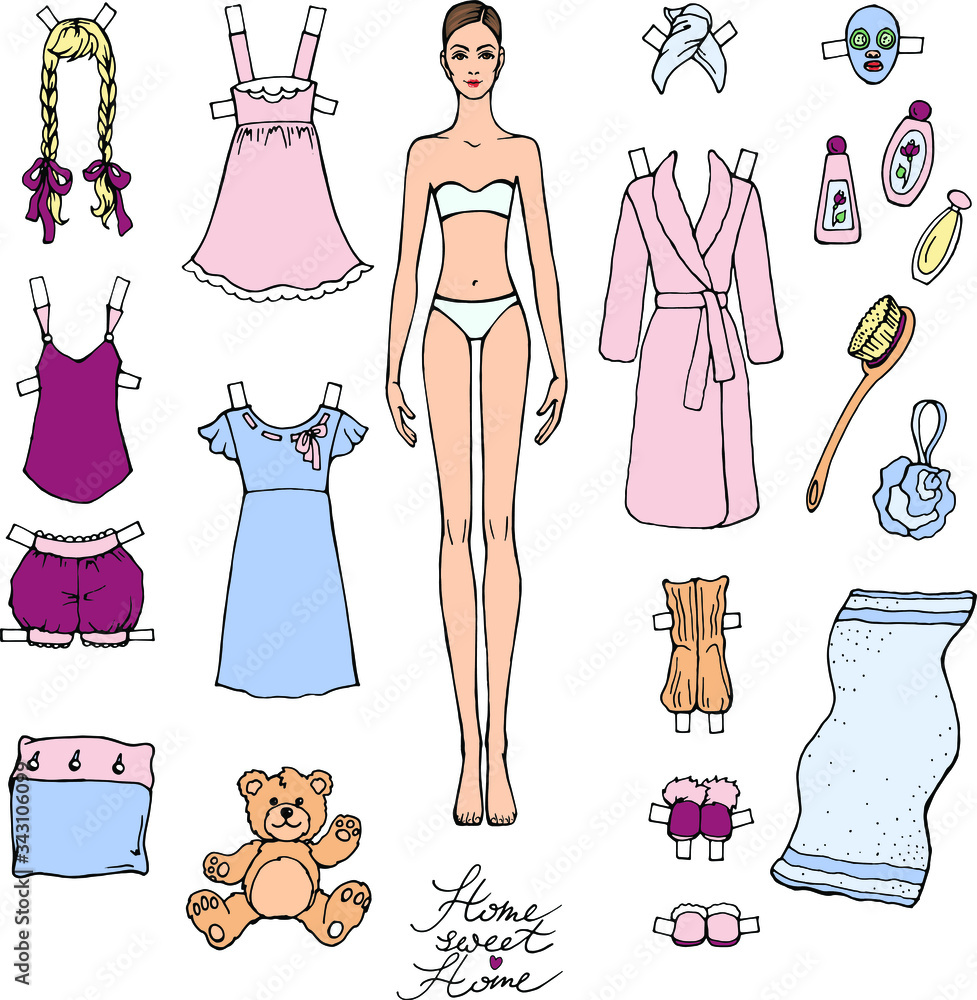 Vetor do Stock: Vector set: hand drawn paper doll young woman with