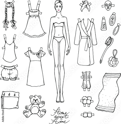 Vector set: hand drawn linear paper doll young woman with collection of home clothes and accessories. Educational toy for girls  for coloring and cut out. Dress, pajama, bathrobe, towel .