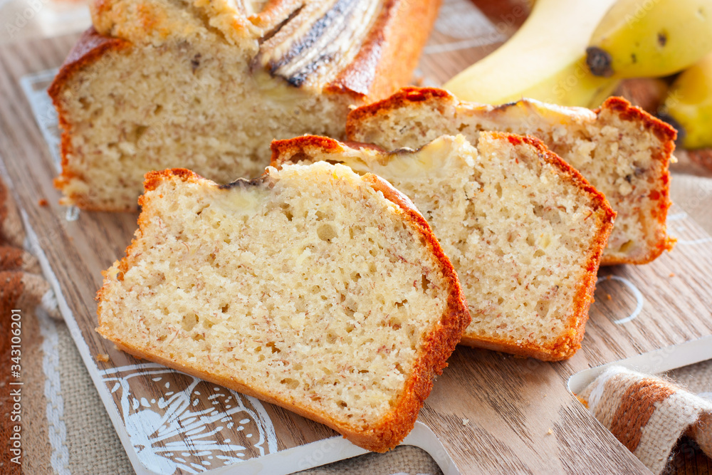 Sliced homemade banana bread, selective focus Sliced homemade banana bread, selective focus