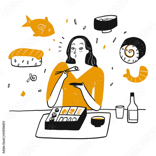 A woman happily eating sushi