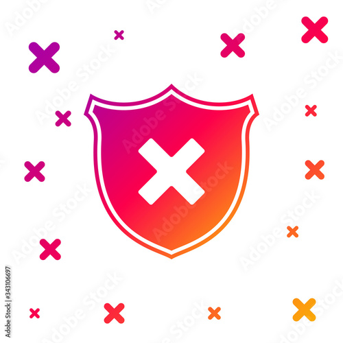 Color Shield and cross x mark icon isolated on white background. Denied disapproved sign. Protection, safety, security concept. Gradient random dynamic shapes. Vector Illustration