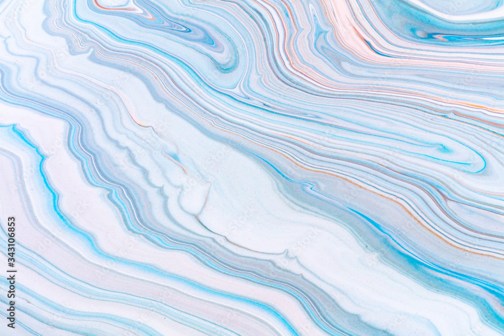 Obraz premium Fluid art texture. Abstract backdrop with swirling paint effect. Liquid acrylic artwork with flows and splashes. Mixed paints for background or poster. Blue, white and orange overflowing colors