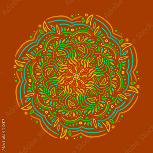 mandala orange blue green yellow circle pattern ornament (ID: 343106877)