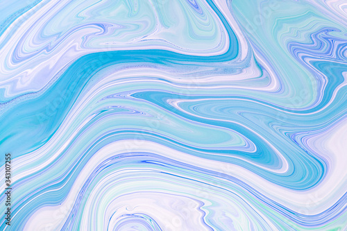 Fluid art texture. Backdrop with abstract iridescent paint effect. Liquid acrylic artwork with flows and splashes. Mixed paints for website background. Blue  white and mint overflowing colors