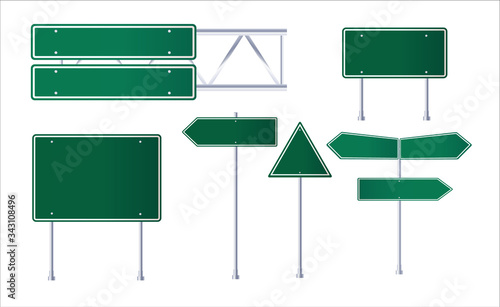 Road green traffic sign. Blank board with place for text.Isolated on white information sign.Mockup