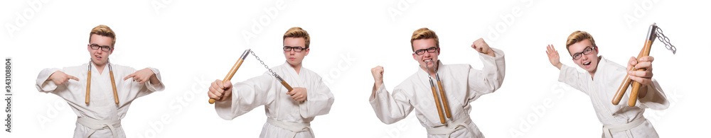 Funny karate fighter with nunchucks on white Funny karate fighter with nunchucks on white