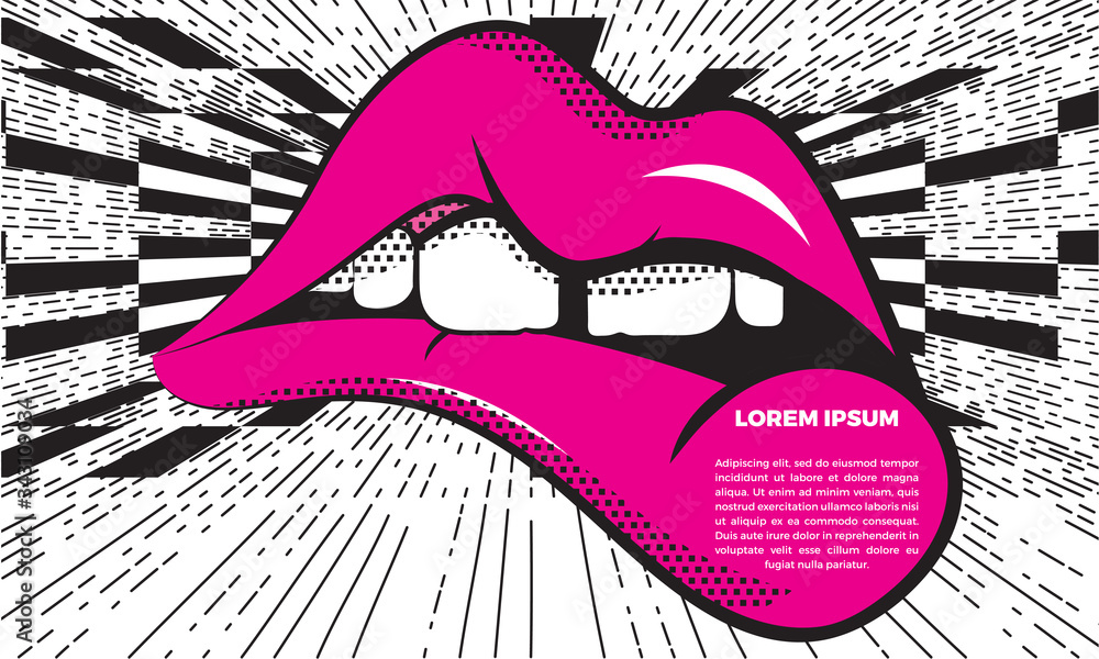 Vector illustration in op art and pop art style. An absurd abstraction with  huge lips and
