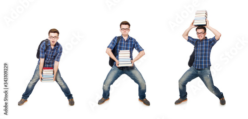 Funny student with stack of books