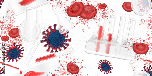 Seamless pattern with laboratory set. Medical equipment for analysis, health diagnostic.Corona infection and realistic test-tube with plasma. Background with red blood cells and 2019-nCoV virus. 