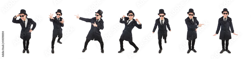 Young detective in black coat isolated on white Young detective in black coat isolated on white