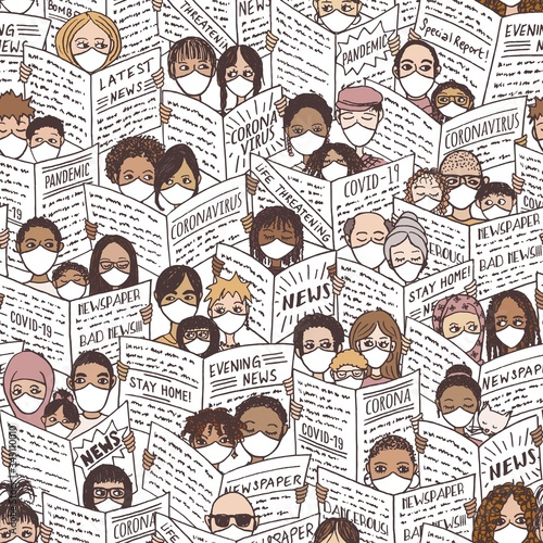Seamless pattern with diverse people, adults and children, reading newspapers about the coronavirus pandemic, wearing face masks