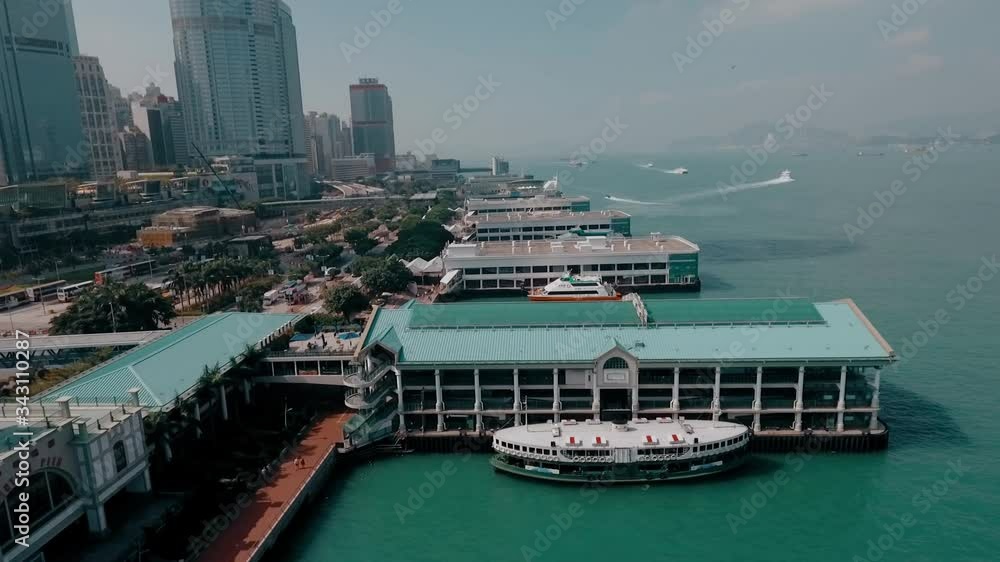 Aerial video of Hong Kong waterfront, Star Ferry Piers and Victoria Harbour Aerial video of Hong Kong waterfront, Star Ferry Piers and Victoria Harbour