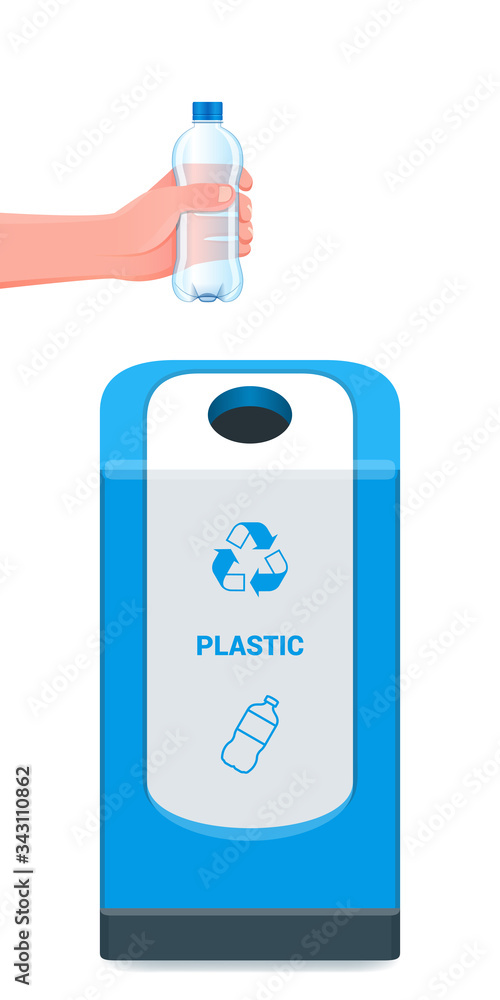 Man throwing empty plastic bottle in the recycling bin. Realistic vector illustration Man throwing empty plastic bottle in the recycling bin. Realistic vector illustration
