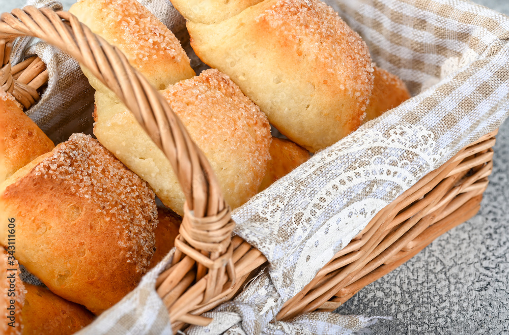 Sweet homemade cottage cheese buns with sugar and coffee cup