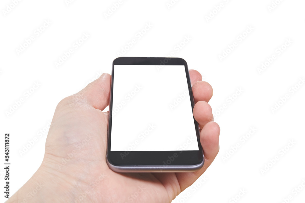 Human hand holding blank large mobile smart phone isolated on white background. Human hand holding blank large mobile smart phone isolated on white background.