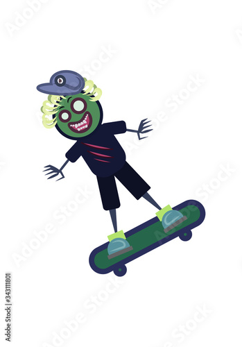 Apocalyptic Zombies - A zombie skater with a skate and wearing a baseball cap. He has nice white teeth, blonde curly hair, empty white eyes, and long fingers.