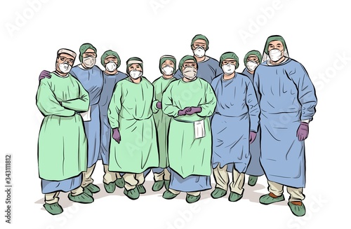 group of doctors and nurses.  they wear protection against contagion.  illustration