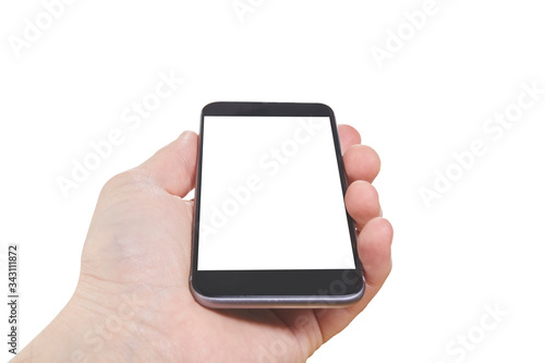 Human hand holding blank large mobile smart phone isolated on white background.