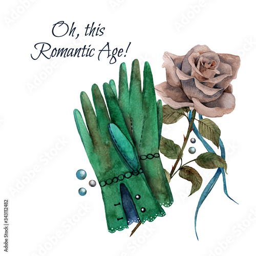 Hand drawn watercolor retro illustration of vintage green gloves and rose flower. Romantic age composition with perls