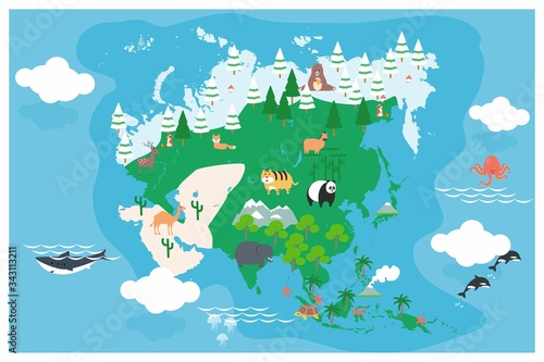 The world map with cartoon animals for kids, nature, discovery, Asia. vector Illustration.