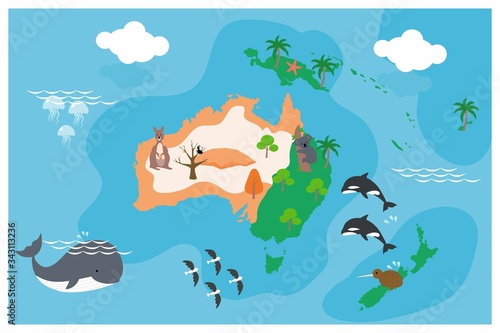 The world map with cartoon animals for kids  nature  discovery  Australia. vector Illustration.