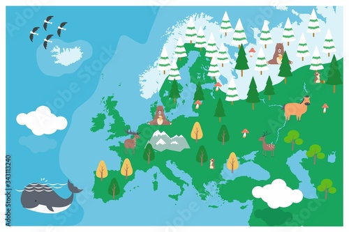 The world map with cartoon animals for kids, nature, discovery, Europe. vector Illustration.