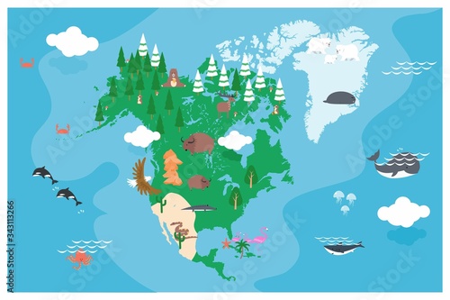 The world map with cartoon animals for kids, nature, discovery, North America. vector Illustration.