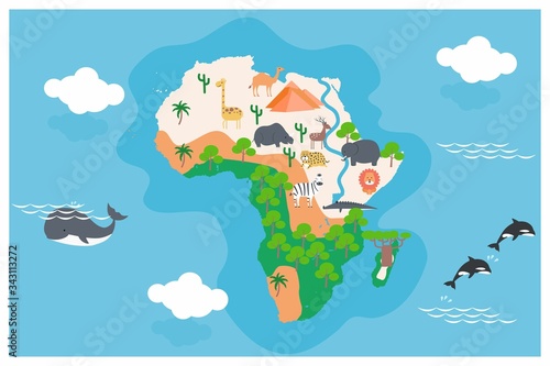 The world map with cartoon animals for kids, nature, discovery, Africa. vector Illustration.