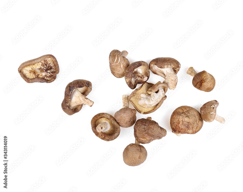 dried shiitake mushrooms on white background.top view dried shiitake mushrooms on white background.top view
