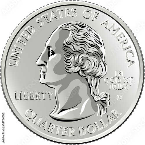 American money, United States Washington quarter dollar or 25-cent silver coin, first United States president profile George Washington on obverse