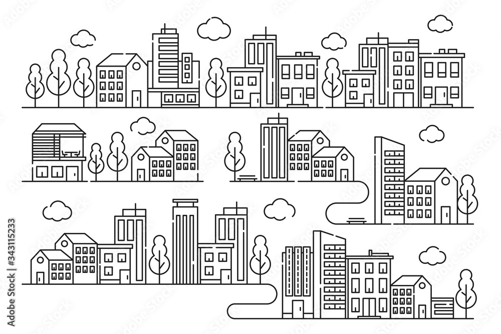 Outline town street with buildings. City line illustration