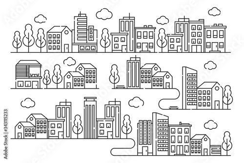 Outline town street with buildings. City line illustration