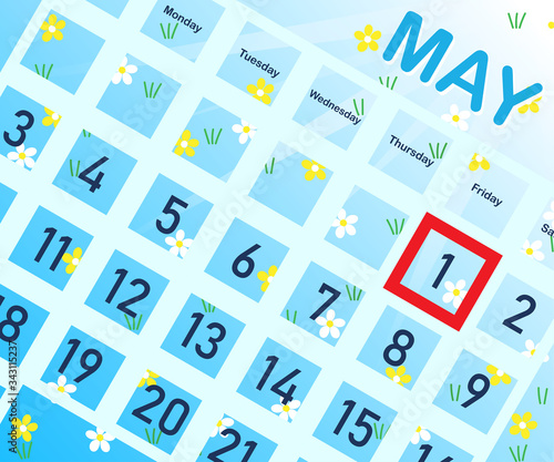 Calendar with highlighted May 1, holiday of labor and spring on a floral chamomile background. All elements are insulated and replaceable.