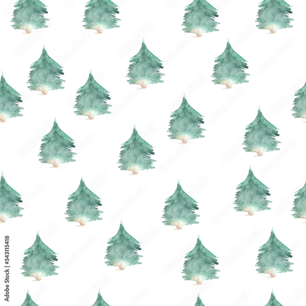 Seamless pattern with watercolor christmas tree. New Year and Christmas print. Winter design for postcard, card, textile, fabric, wrapping paper, wallpaper.