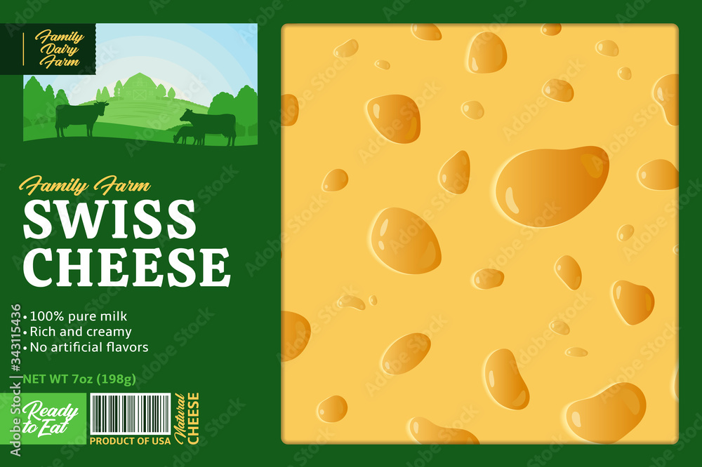 Vector swiss cheese packaging or label design template. Realistic ...