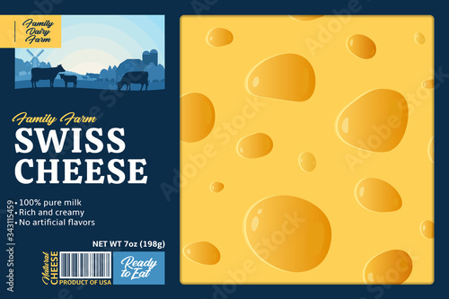 Vector swiss cheese packaging or label design template with dairy farm, cows and calves. Realistic cheese illustration