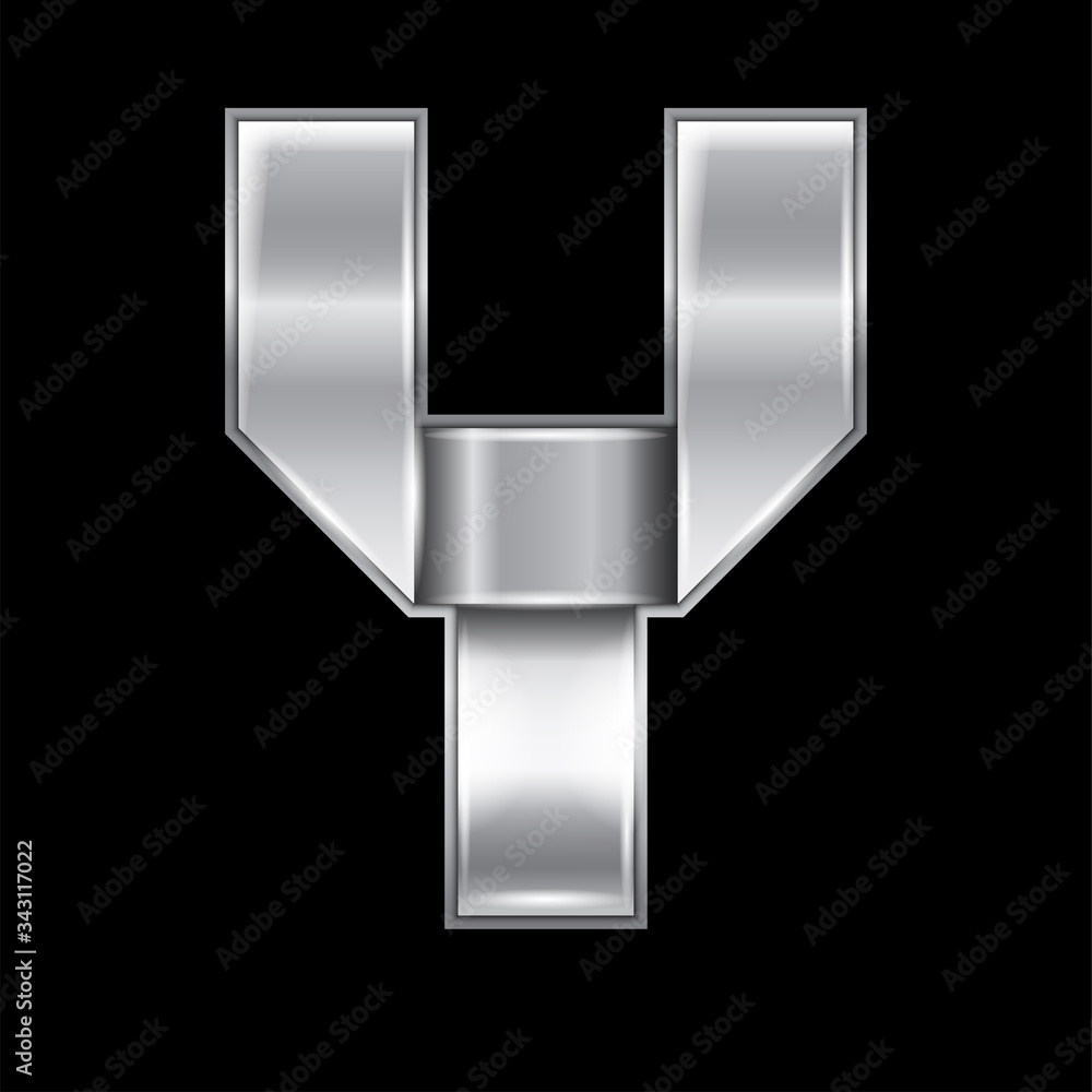 New font folded from a silver metallic ribbon. Trendy roman alphabet, gray vector letter Y on a black background, 10eps