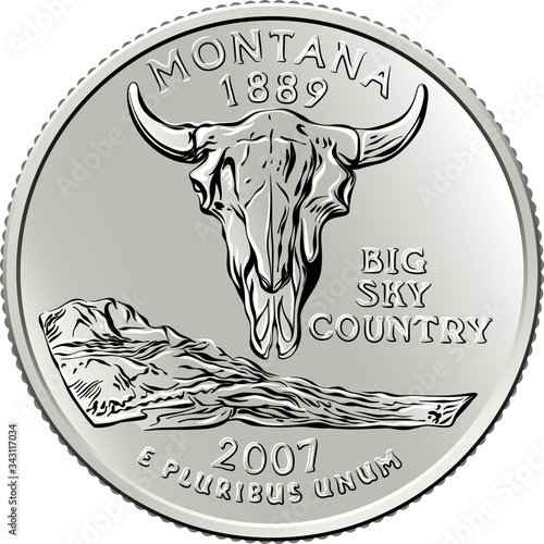 American money, United States Washington quarter dollar or 25-cent silver coin, American bison skull with mountains and the Missouri River on reverse