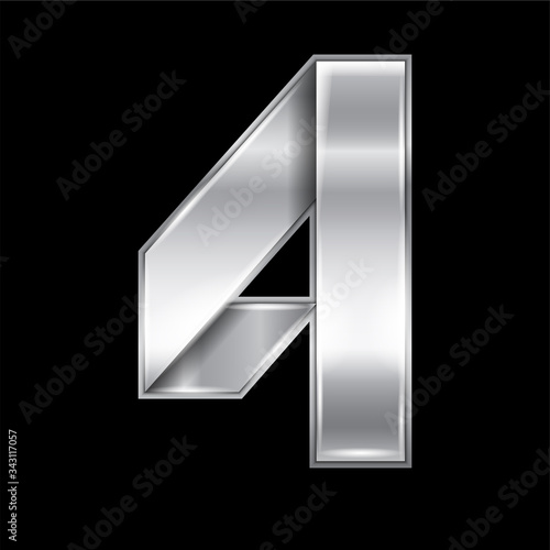 New font folded from a silver metallic ribbon. Trendy alphabet, gray vector number four on a black background, 10eps
