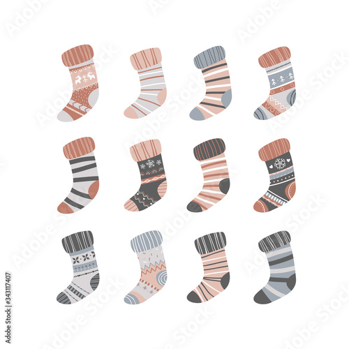 Vector set of fun colorful socks. Childish hand-drawn illustration in simple cartoon style in pastel colors. Cozy, warm, Christmas things