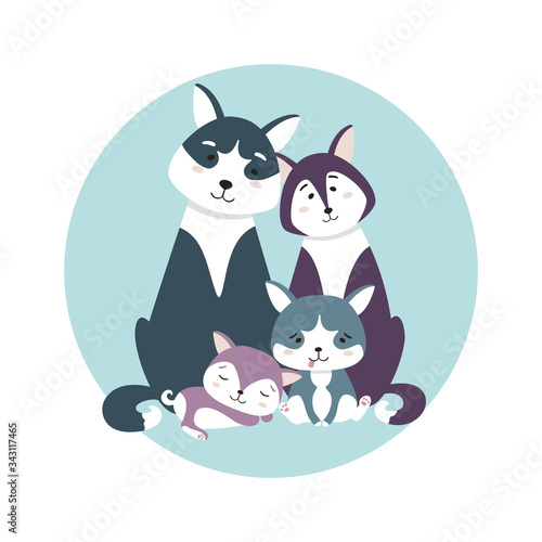 Cute husky family. Mom, Dad and puppies brother and sister. Childish hand-drawn illustration in simple cartoon style in pastel colors.