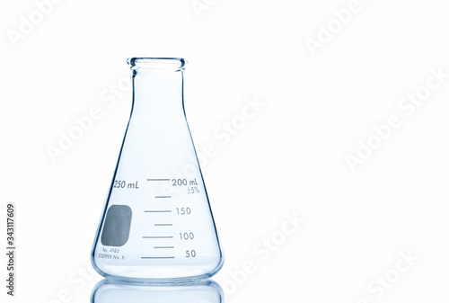Empty 250 ml. Erlenmeyer flask on reflective isolated on white background
